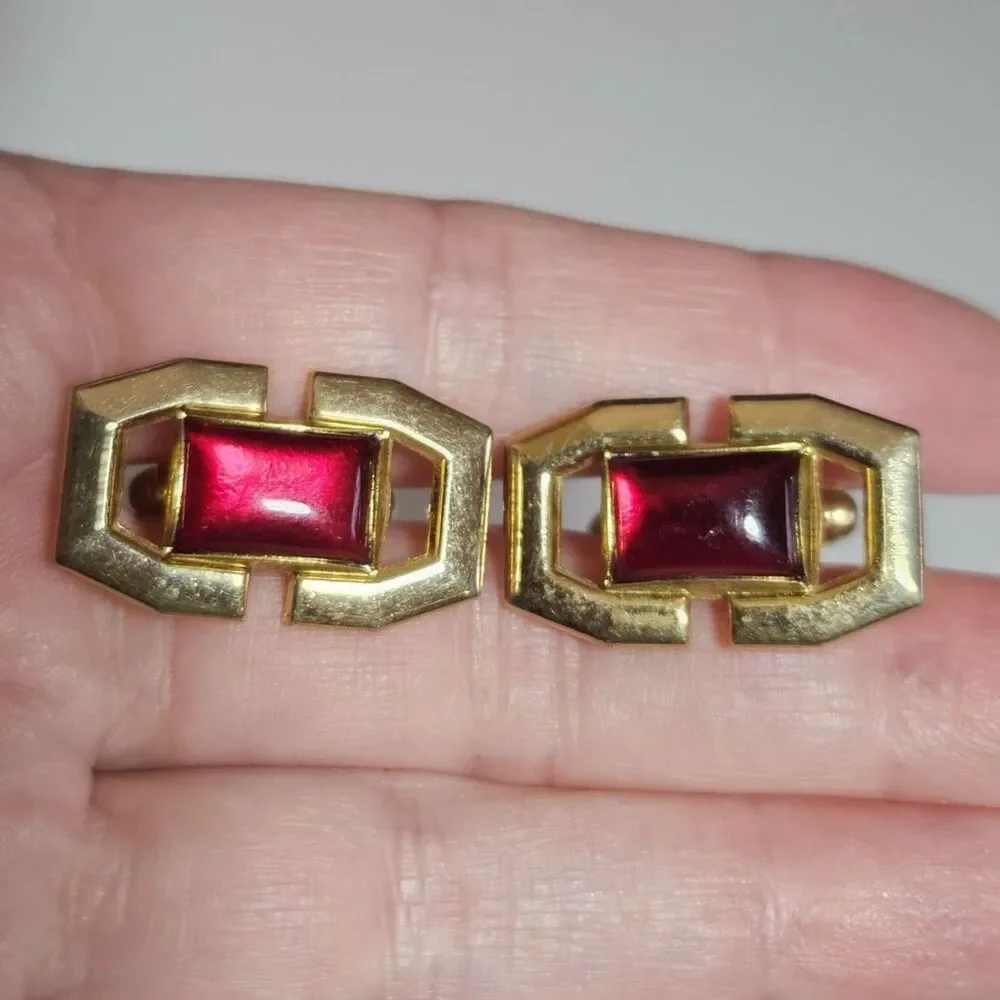 Anson Vintage Gold Tone Cufflinks with Rectangular Red Lucite